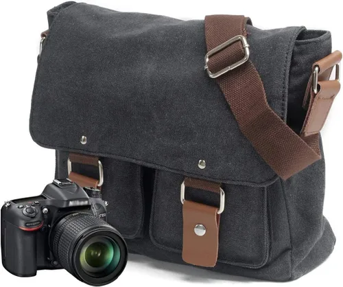 Bolsa de lona para cámara de cuero para hombre DSLR SLR SLR, bolsa de mensajero para cámara vintage, bolsa de hombro (gris oscuro)