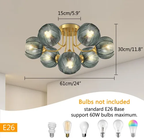 Miniatura 2 de Lámpara de techo verde de 7 luces, lámpara de cristal acanalada, luces de montaje semiempotradas con pantalla de globo de vidrio, iluminación