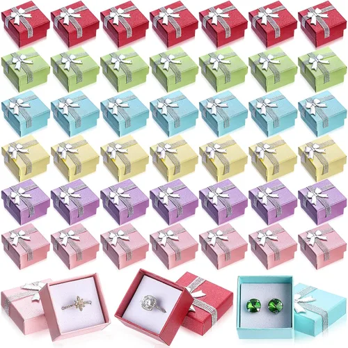 Miniatura 9 de Bucherry 72 cajas de anillos de 1.6 x 1.6 pulgadas, caja de joyería de cartón duro con lazo de cinta, pequeñas cajas de regalo para pequeñas Negro