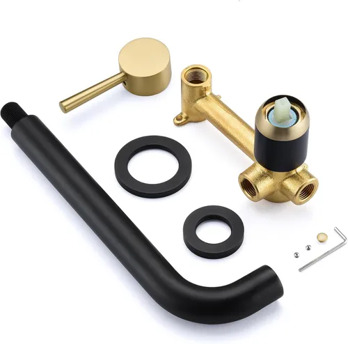 Miniatura 6 de SUMERAIN Grifo de bañera de montaje en pared Grifo de bañera de baño con boquilla de llenado de bañera larga, acabado negro y dorado, manija única