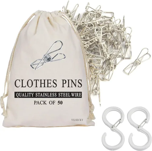 50 pinzas para ropa sucia – Alfileres de ropa duraderos de acero inoxidable, pinzas de alambre de metal resistentes con una bolsa de almacenamiento