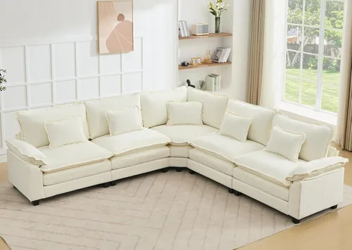 Miniatura 29 de Juego de sofá seccional modular de gran tamaño, sofá de nube convertible de asiento profundo, sofá esquinero grande en forma de L con cojines Beige