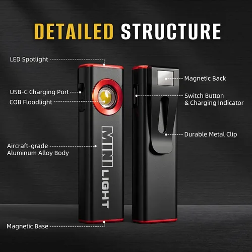Miniatura 9 de lexall Linterna, 1200 lúmenes, mini linterna magnética plana EDC con clip, 1200 mAh recargable, portátil, ultraligera, brillante, impermeable, luz