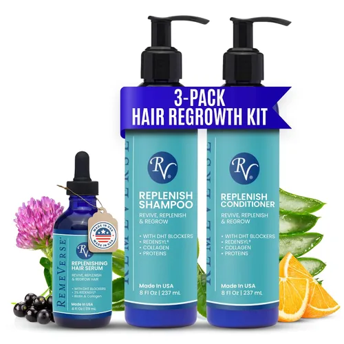 RemeVerse Recrecimiento del cabello para adelgazar el cabello, champú, acondicionador y suero con redensyl, con vitamina C y E, hidrata el cuero
