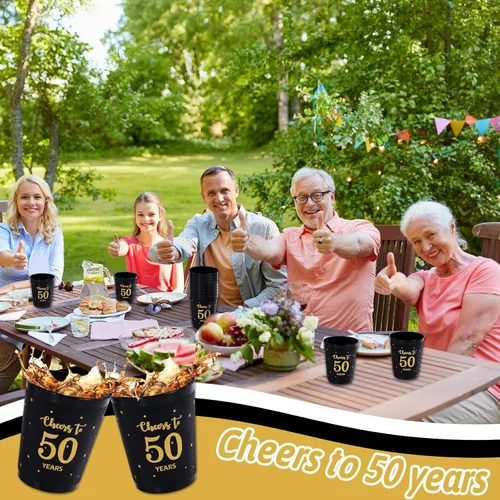Miniatura 6 de 24 vasos de plástico reutilizables para cumpleaños de 50 años, regalos para fiestas de cumpleaños de 50 años, regalos de fiesta negros y dorados, 12