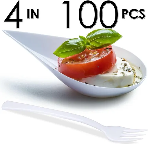 Miniatura 7 de DLux 100 mini platos de aperitivo de 4 pulgadas con tenedores, cucharas de plástico blanco reutilizables, platos para servir postres y aperitivos