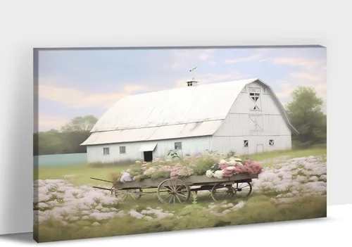 Miniatura 44 de Arte de pared con estampado de granero blanco de granja, granero y vaca, arte de pared con imágenes de granero blanco, cuadros rústicos de campo