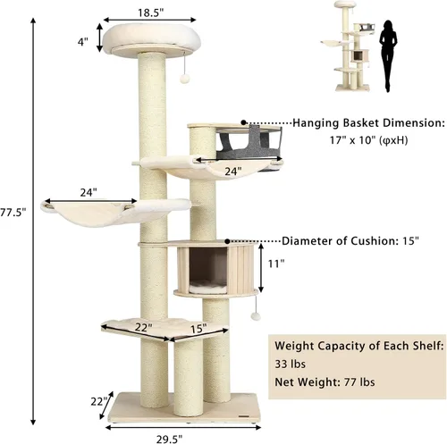 Miniatura 3 de Tangkula Árbol grande para gatos, torre alta de varios niveles para gatos con postes rascadores de sisal, hamacas, cesta colgante, condominio