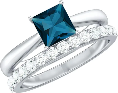 Miniatura 10 de Juego de anillos de boda de topacio azul Londres con diamante, juego de anillos solitarios de topacio azul de corte princesa para mujer (calidad AAA)