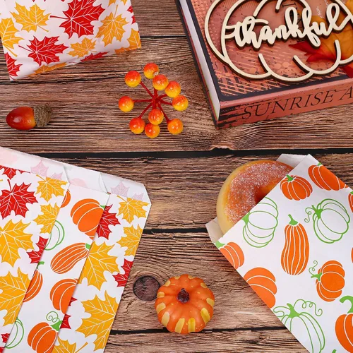 Miniatura 5 de Whaline Paquete de 100 bolsas de golosinas de otoño de 5 x 7.3 pulgadas, bolsas de dulces de Acción de Gracias, hojas de arce, calabazas, bufé