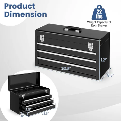 Miniatura 6 de Caja de herramientas de metal, caja de herramientas de 3 cajones con asa de transporte, 2 pestillos y forro, caja de almacenamiento portátil