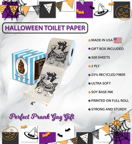 Miniatura 3 de Printed TP Papel higiénico impreso con texto en inglés "Happy Halloween", rollo de papel higiénico aterrador para sorpresa, broma, divertido regalo