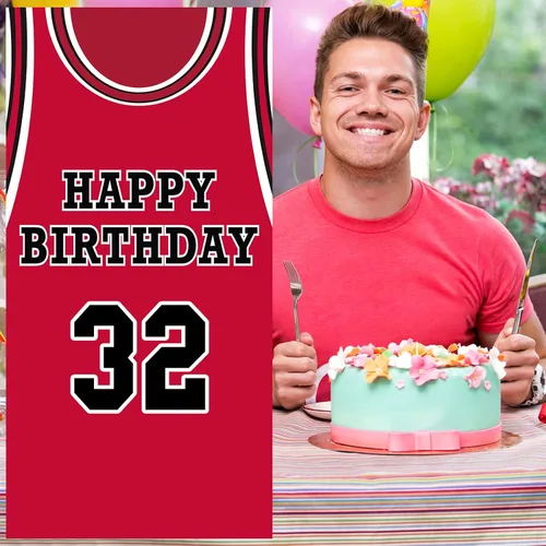 Miniatura 6 de Cartel de feliz cumpleaños 32, telón de fondo rojo de baloncesto estrella, decoración temática deportiva para hombre y niño, suministros de fiesta