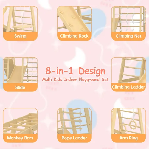 Miniatura 3 de Gimnasio de la selva para niños pequeños, juego de patio interior de 66 pulgadas con columpio, pared de escalada en roca, tobogán, barras de mono