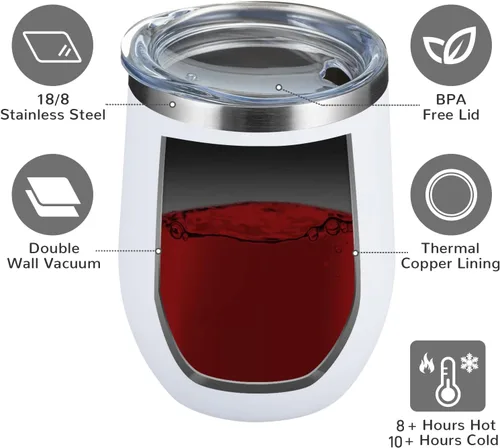 Miniatura 3 de MEWAY Vaso de vino sin tallo de 12 onzas con tapa, vaso de viaje de acero inoxidable con aislamiento de doble pared al vacío con popote, para Blanco