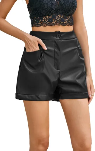 Kate Kasin Pantalones cortos de piel sintética de cintura alta para mujer, dobladillo enrollable, pantalones cortos con bolsillos, Varios colores