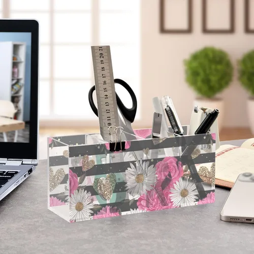 Miniatura 4 de Cute Pencil Cups for Desk, Black and White Striped Rose Daisy Pen Holders Marker Organizer, Acrylic Hair Brush Holder 4 Compartments for Home, Black