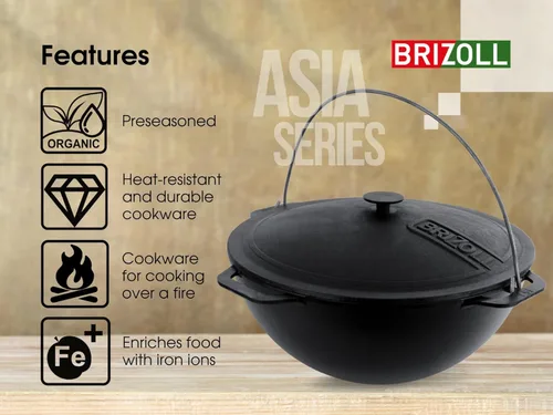 Miniatura 7 de Olla de horno holandés con tapa, caldero asiático de hierro fundido (Kazán) con tapa de hierro fundido para camping, wok kazan, olla de cocina