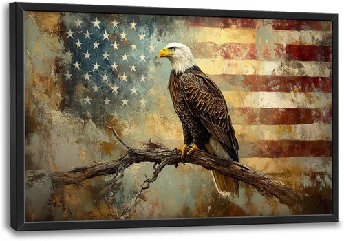 Arte de pared grande de águila para sala de estar, bandera patriótica de Estados Unidos, decoración en lienzo vintage abstracta, cuadros de pintura,