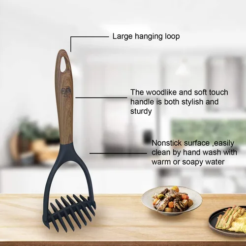 Miniatura 2 de Trituradores de patatas con mango suave al tacto de madera para cocinar, agarre elegante y cómodo, herramienta de puré de patatas a presión
