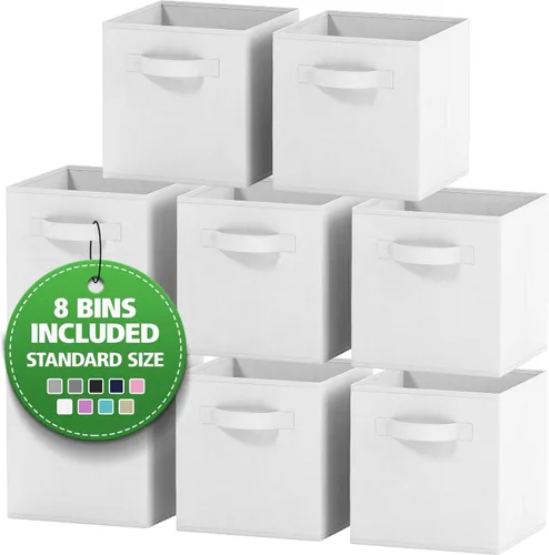 – Juego de 8 cubos de almacenamiento | cestas plegables de tela con asas duales. Cubos de almacenamiento Organizador de estantes de armario | Blanco