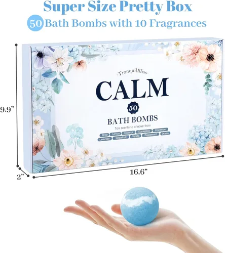 Miniatura 2 de TranquilBliss Juego de 50 bombas de baño con 10 aromas ricos, bombas de baño para mujeres, bombas de burbujas naturales con manteca de karité y Azul