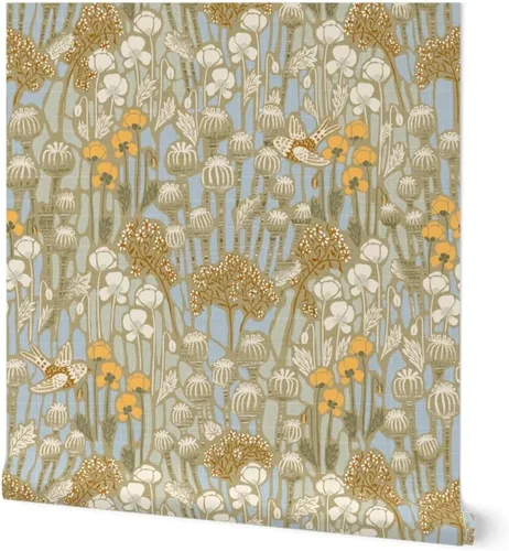 Spoonflower Papel tapiz para despegar y pegar - Amapola Campo Pájaros Crema Neutral Naturaleza Taupe Papel pintado extraíble personalizado