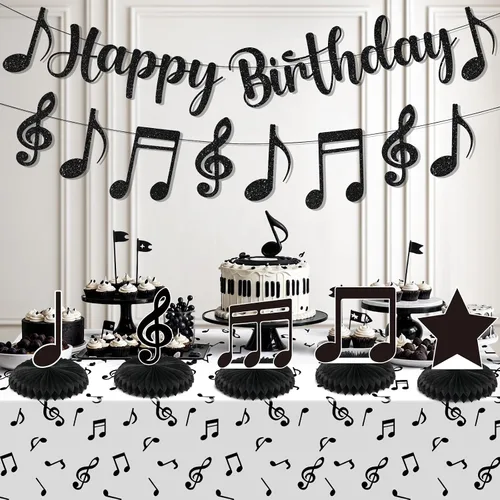 Miniatura 2 de Decoraciones de fiesta musical, nota musical negra, pancarta de feliz cumpleaños, mantel de notas y 5 piezas de mesa de panal de abeja, decoración