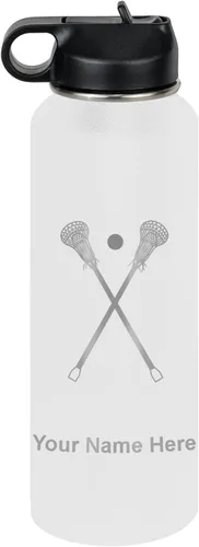 Miniatura 55 de LaserGram Botella de agua personalizada, palitos de lacrosse, acero inoxidable de doble pared aislada al vacío con popote superior, regalo grabado