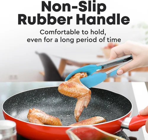 Miniatura 4 de Zulay Pinzas de cocina de acero inoxidable con puntas de silicona, juego de 2 pinzas de cocina con bloqueo (9 y 12 pulgadas) con agarre plata - azul