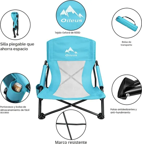 Miniatura 3 de Oileus Silla de playa baja para tienda de campaña/refugio/campamento/al aire libre/mochilero al aire libre, sillas reclinables plegables con soporte