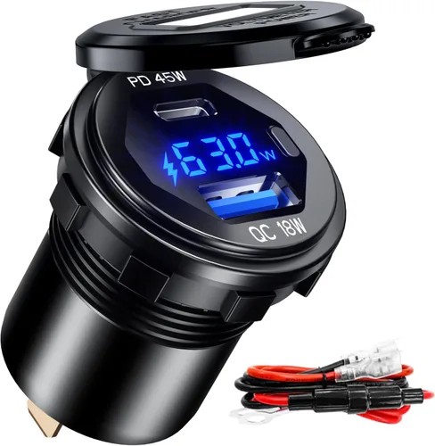 PD - Cargador rápido USB C de 45 W de 18 W, enchufe de cargador USB 3.0 impermeable con interruptor, voltímetro LED y fusible de cable, kit de