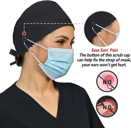 Miniatura 3 de Gorra de trabajo ajustable con botón, gorro de trabajo de algodón forrado de satén, banda para el sudor, gorro de trabajo elástico unisex