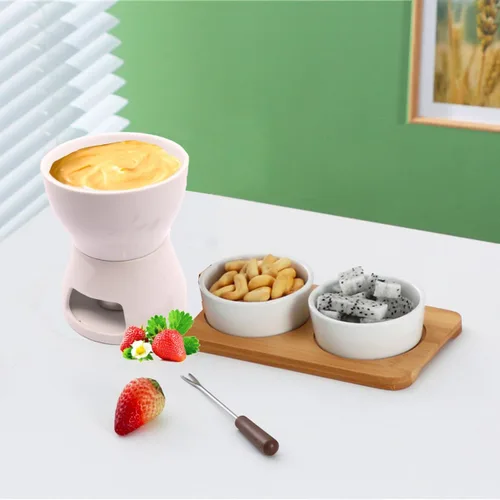 Miniatura 6 de Juego de ollas de fondue con 4 tenedores de cerámica calentador de mantequilla, juego de té de alta calidad, olla de fusión de porcelana