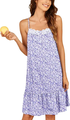 Miniatura 8 de Ekouaer Camisones de algodón para mujer, sin mangas, vestido de noche de encaje, vestido de noche con botones, camisón victoriano