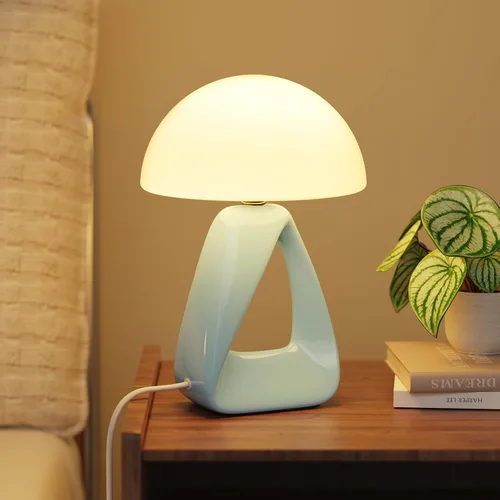 Miniatura 10 de Lámpara de hongo, pequeña lámpara de mesa para dormitorio, lámpara de noche creativa geométrica con base de cerámica, lámpara de mesa auxiliar