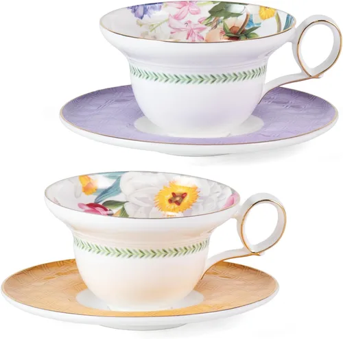 Miniatura 29 de KAMMAK Juego de 2 tazas de café de cerámica, tazas de café de porcelana con platillos, 6.52 onzas hechas a mano, elegante taza de té de porcelana