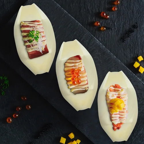 Miniatura 8 de Hemoton 100 botes desechables de bambú para sushi, bandeja de madera biodegradable, 5.5 x 3.14 x 1.57 pulgadas, 100 piezas, para sushi, aperitivo