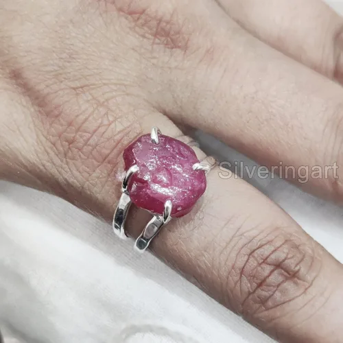 Miniatura 3 de AAA Natural Ruby Ring, Rough Ruby Gemstone Ring, July Birthstone, 2 Hammered Band, 925 Sterling Silver, Womens Ring, Christmas, Thanksgiving