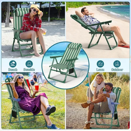 Miniatura 8 de Suteck Sillas de playa tipo mochila para adultos, paquete de 2, silla reclinable plegable de 6 posiciones con bolsa enfriadora y soporte para tazas