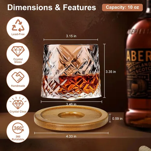 Miniatura 2 de Vaso de vidrio antiguo giratorio, 275ml/10oz de vidrio de whisky de cristal, posavasos de madera, engrosamiento, utilizado como vaso de ron, vaso
