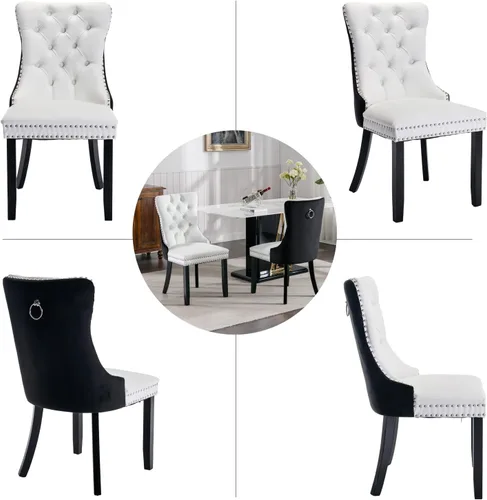 Miniatura 8 de Juego de 2 sillas de comedor, sillas tapizadas de comedor con tira de anillo de tirador y patas de madera maciza, sillas de cocina modernas Pu