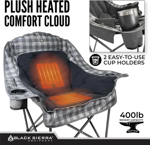 Miniatura 7 de Silla de camping con calefacción de forro polar Black Sierra para adultos, asiento exterior extra grande con acolchado suave, soporta 400 libras