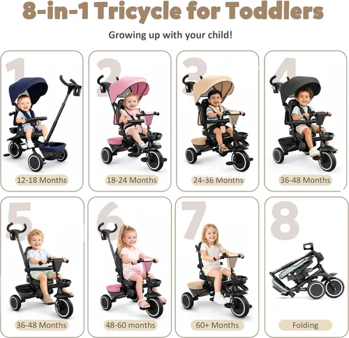 Miniatura 2 de TODEFULL - Triciclo plegable para niños, 8 en 1, triciclo para bebé con toldo extraíble y ajustable, mango para padres, arnés de seguridad de 5