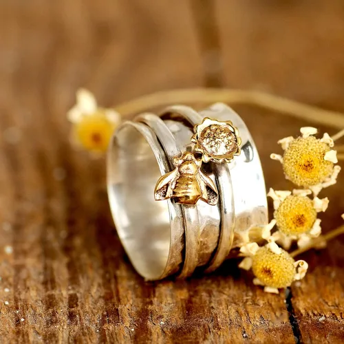 Miniatura 5 de Anillo giratorio de girasol y abeja para mujer, plata de ley 925, Boho-Magic