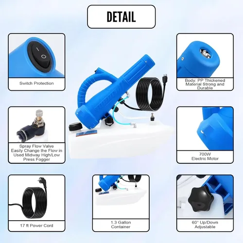 Miniatura 3 de Tanque de 5 L (1.3 galones), nebulizador frío eléctrico portátil ULV de 700 W de flujo ajustable con cable de alimentación largo de 17 pies