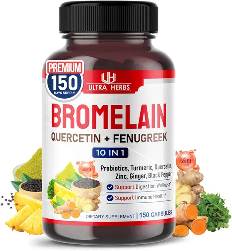 Suplemento de bromelina con quercetina, zinc, fenogreco, cúrcuma, jengibre, pimienta negra y probióticos - Apoya la digestión, la salud de las