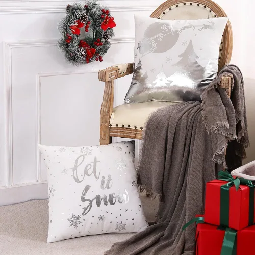 Miniatura 5 de JOJOGOGO Juego de 4 fundas de almohada navideñas plateadas y blancas de 18 x 18 pulgadas, juego de 4 almohadas decorativas de copo de nieve Let It