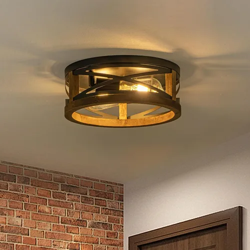 Miniatura 2 de Lámpara de Techo Estilo Granja, Lámpara de Techo Empotrada Redonda de 2 Luces con Marco de Madera y Metal, Luminaria Rústica Negra para Pasillo