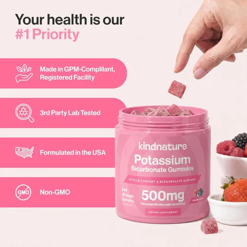 Miniatura 4 de kindnature Gomitas de alto contenido de potasio de 500 mg para calambres en las piernas y apoyo de electrolitos, suplemento de bicarbonato
